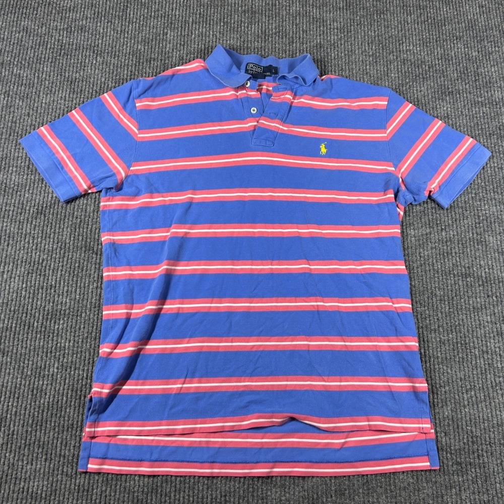 Polo Ralph Lauren Shirt Men's L Blue Pink Striped Short Sleeve Polo Pique Preppy - Picture 2 of 8